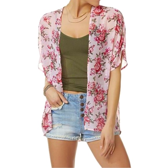 Joe Boxer Pink Floral Short Sleeve Open Kimono Cover Up Cardigan - Picture 1 of 7